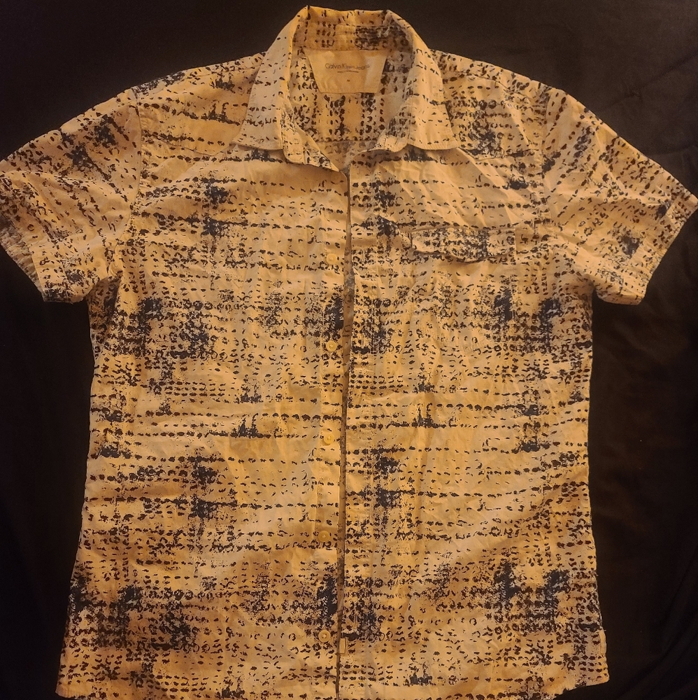 Calvin Klein Jeans Button Up Shirt | Casual | Short Sleeve | White/Blue | Medium